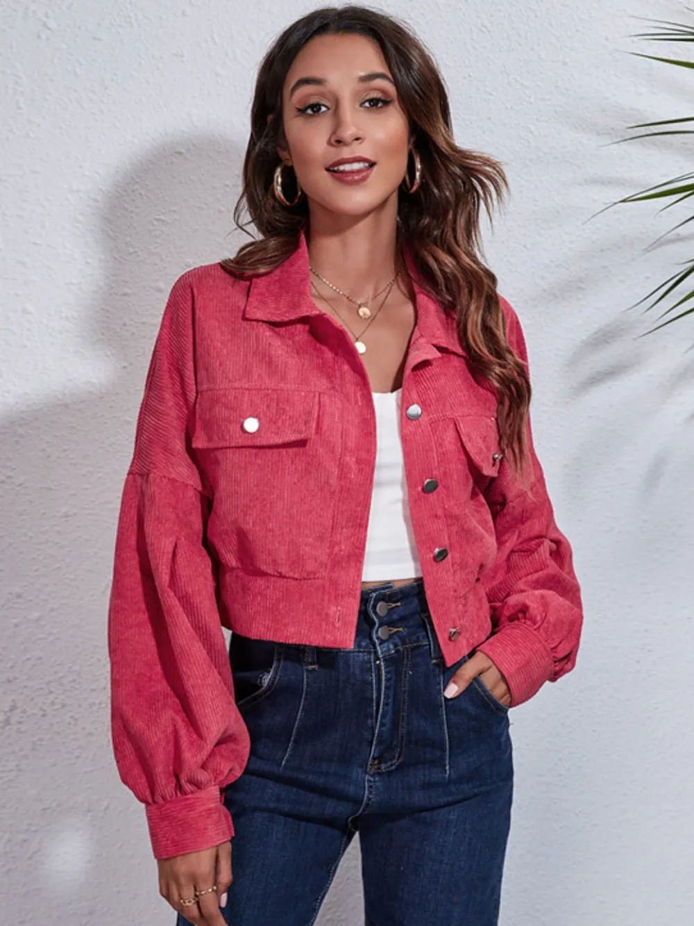Button Down Collared Neck Cropped Jacket - Image 7