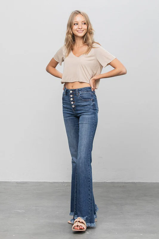 Button Fly Fray Hem Flare Jeans - Image 10