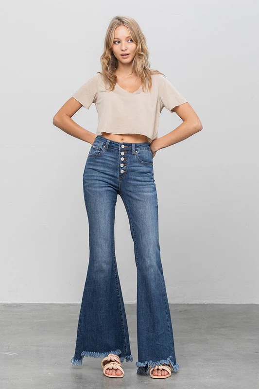 Button Fly Fray Hem Flare Jeans - Image 4