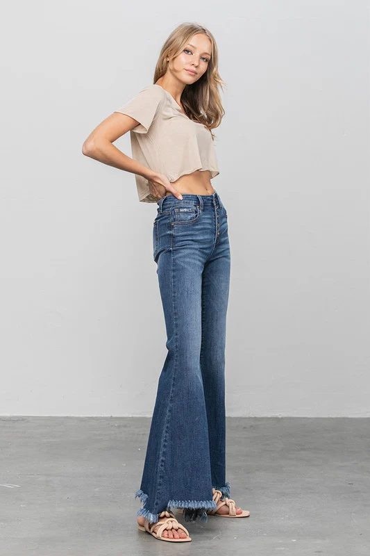 Button Fly Fray Hem Flare Jeans - Image 7