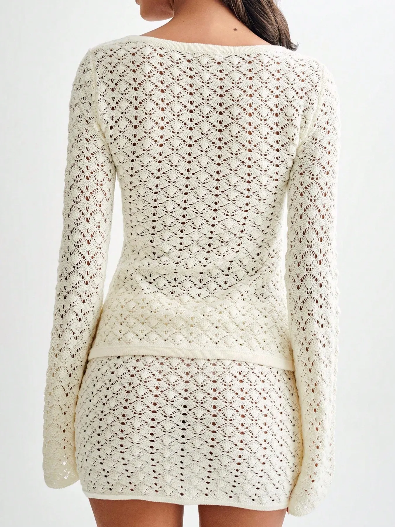 Button Up Crochet Cardigan and Skirt Sweater Set - Image 3