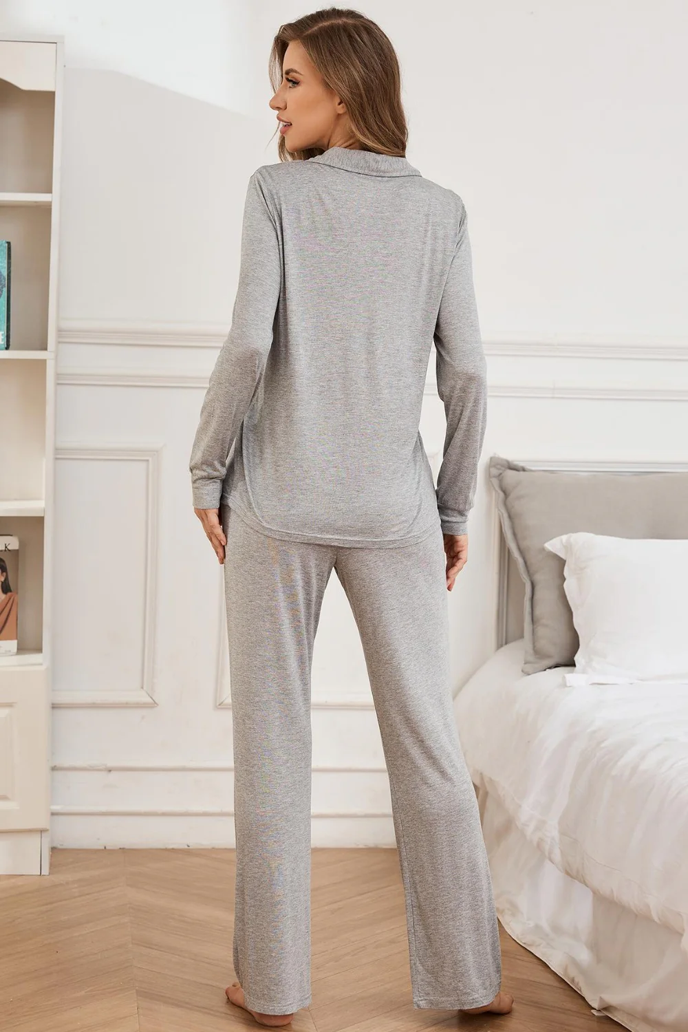 Button Up Long Sleeve Top and Pants Lounge Set - Image 3
