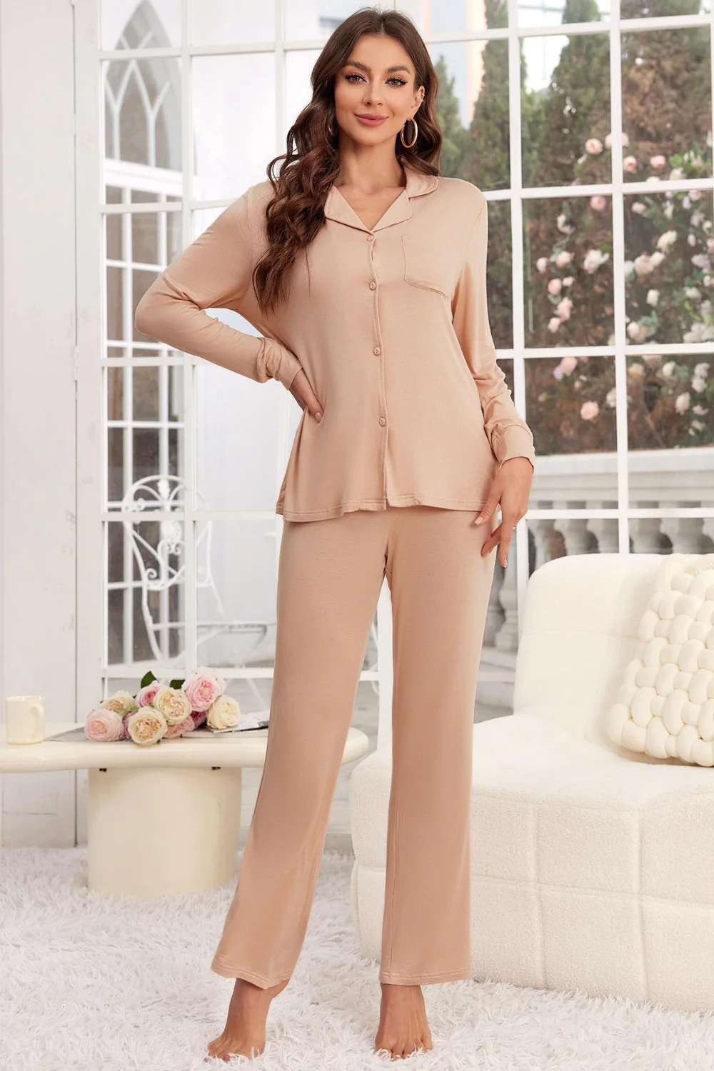 Button Up Long Sleeve Top and Pants Lounge Set - Image 7