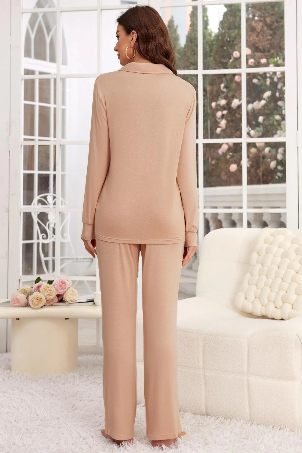Button Up Long Sleeve Top and Pants Lounge Set - Image 8