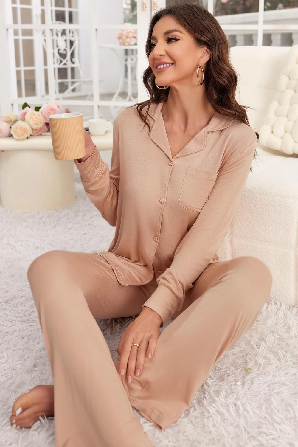 Button Up Long Sleeve Top and Pants Lounge Set - Image 9