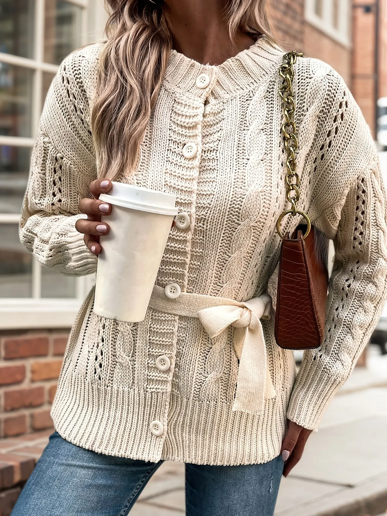 Cable Knit Belted Cardigan with Button Front - Image 2