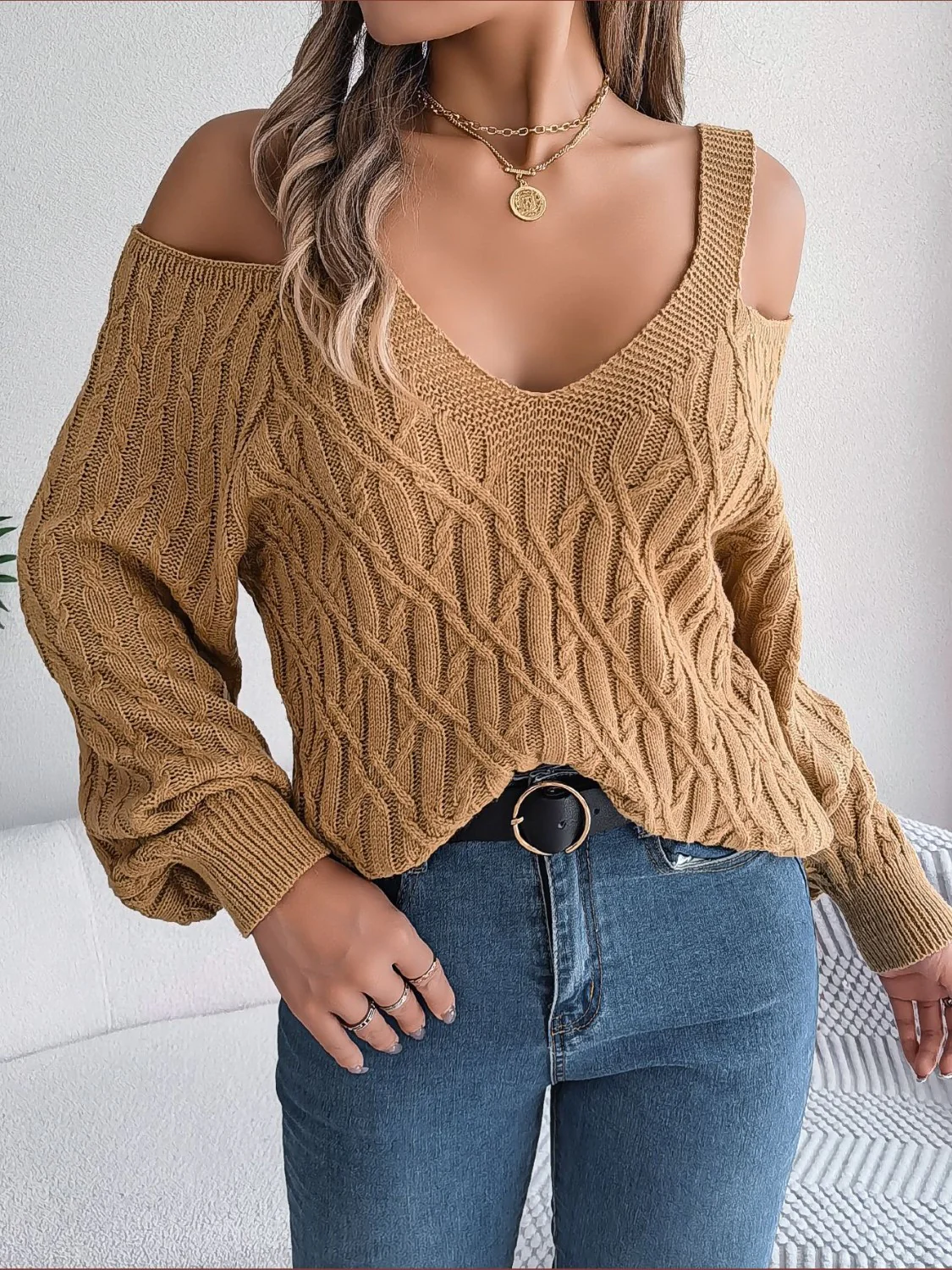 Cable-Knit Cold Shoulder Long Sleeve Sweater - Image 11