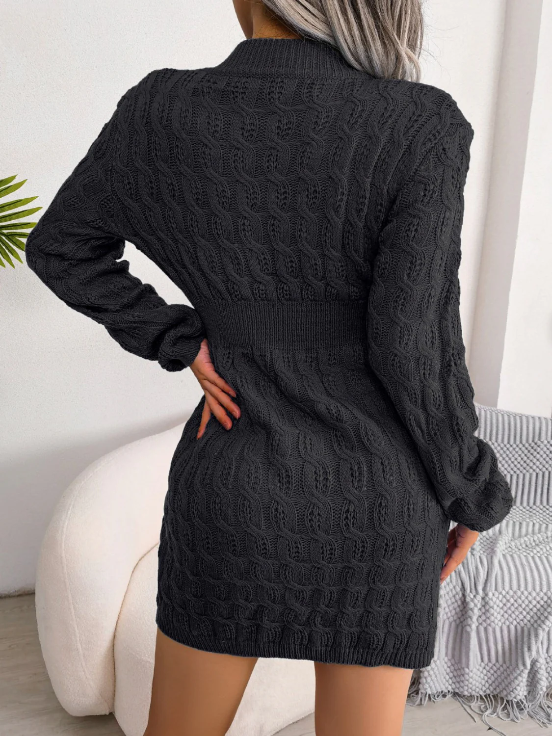 Cable-Knit Round Neck Mini Wrap Sweater Dress - Image 3