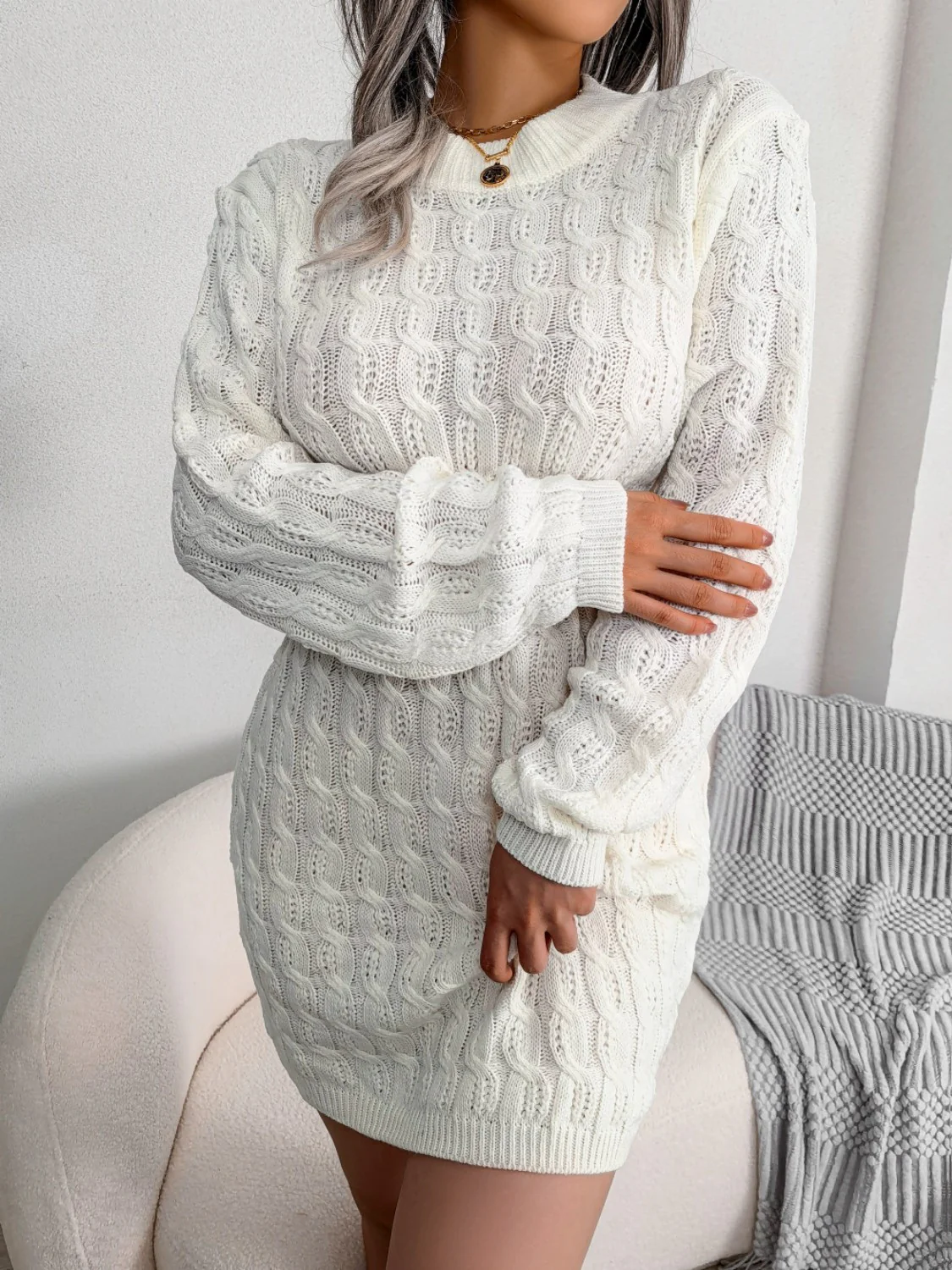 Cable-Knit Round Neck Mini Wrap Sweater Dress - Image 7