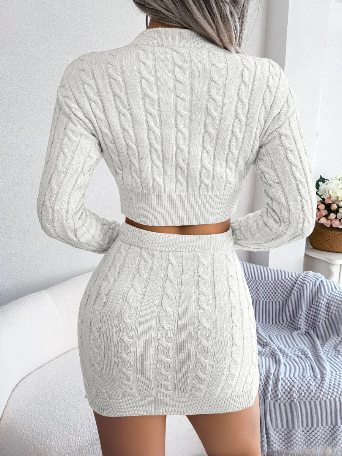 Cable-Knit Round Neck Top and Skirt Sweater Set - Image 12