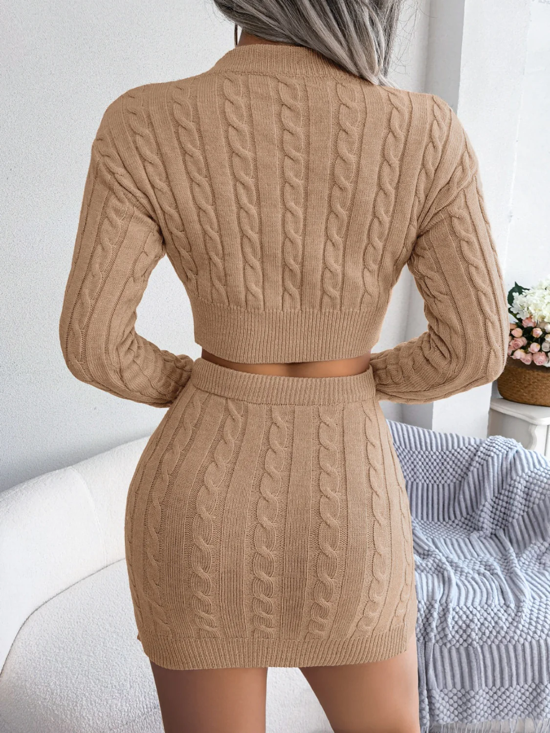 Cable-Knit Round Neck Top and Skirt Sweater Set - Image 8