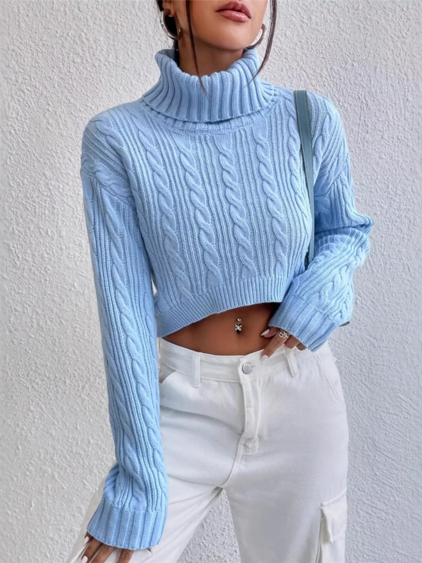 Cable-Knit Turtleneck Long Sleeve Sweater - Image 2