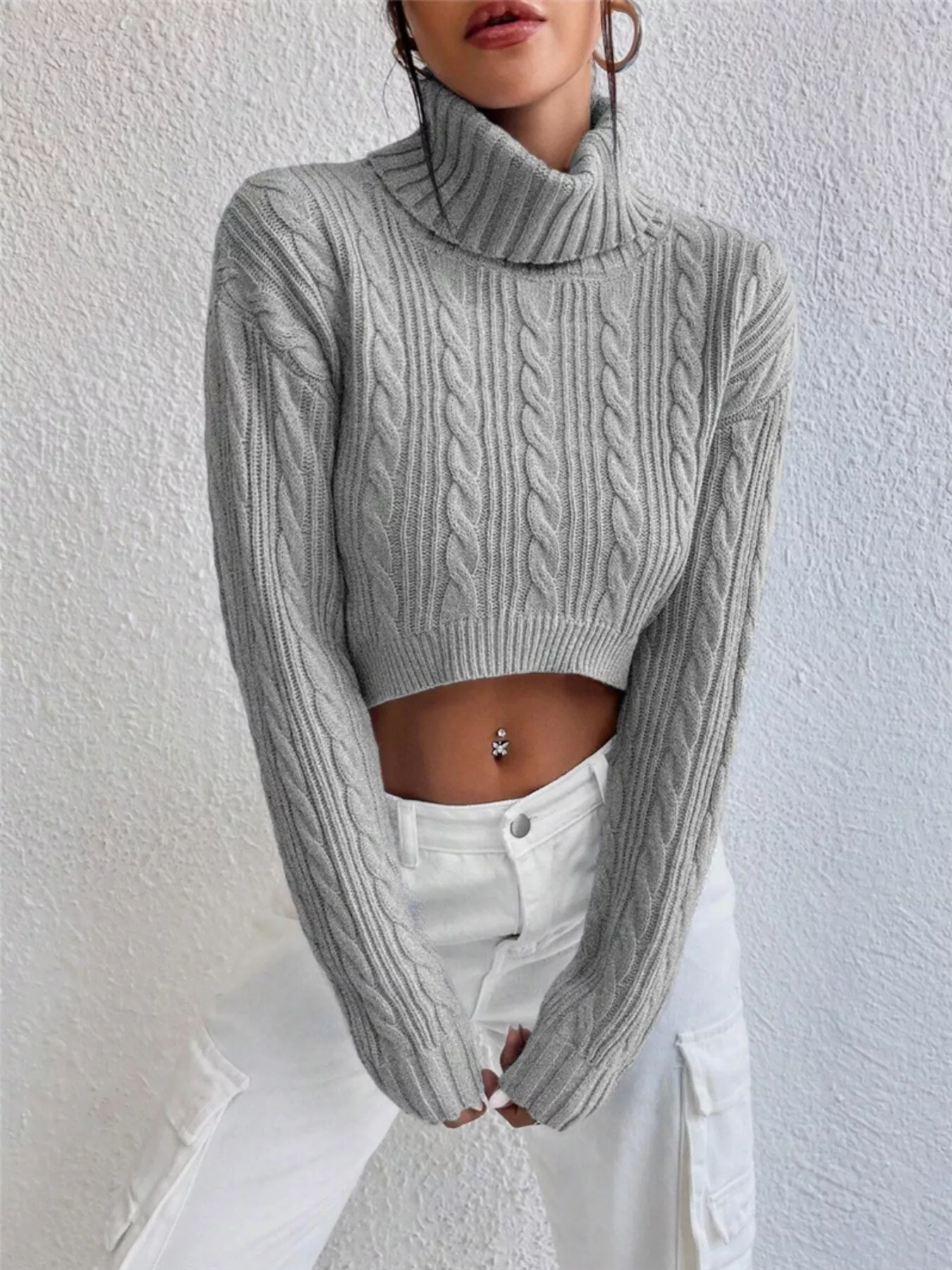 Cable-Knit Turtleneck Long Sleeve Sweater - Image 6