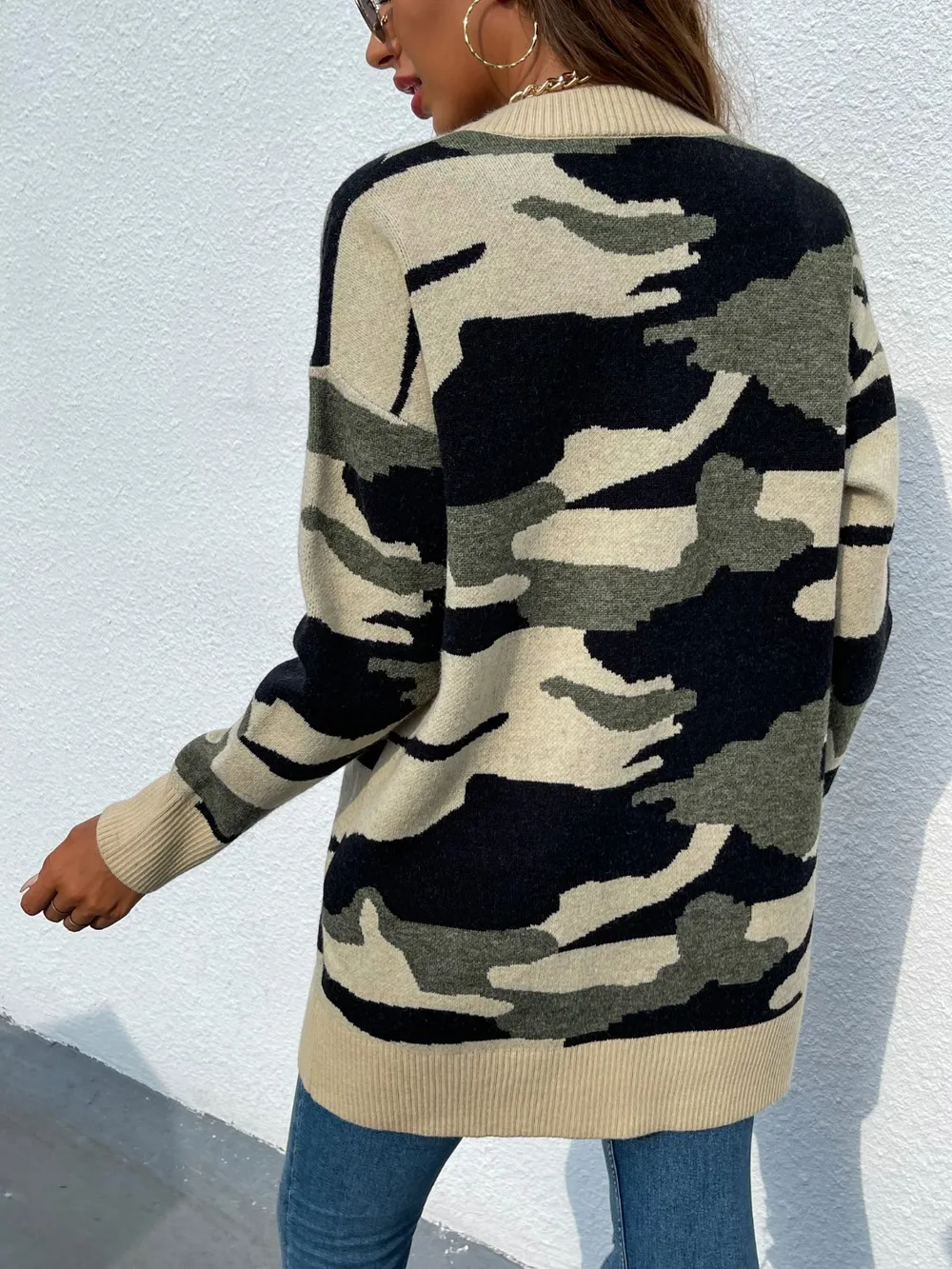Camouflaged Dropped Shoulder Open Front Cardigan - Image 2