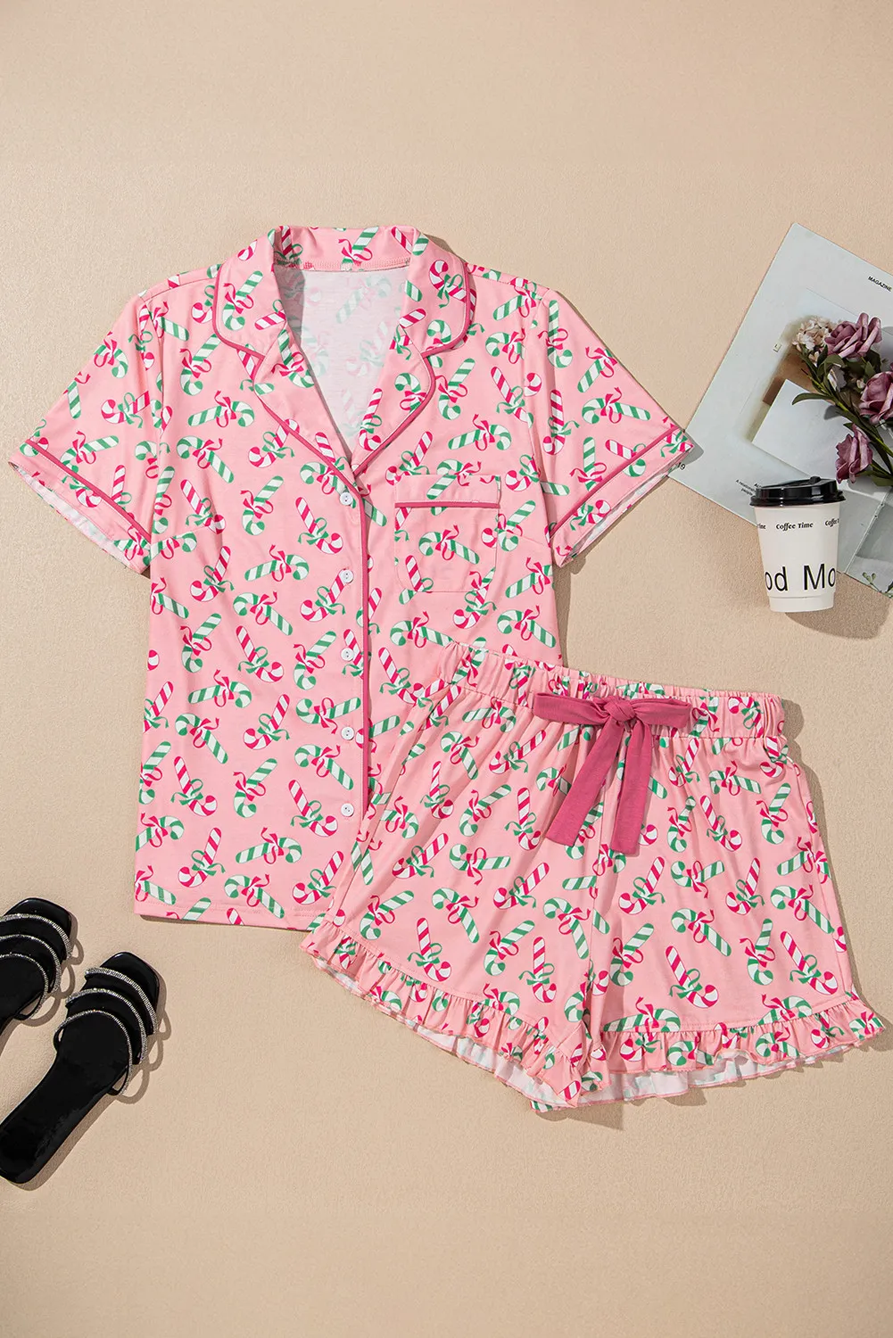 Candy Cane Collared Neck Top and Shorts Lounge Set - Image 2