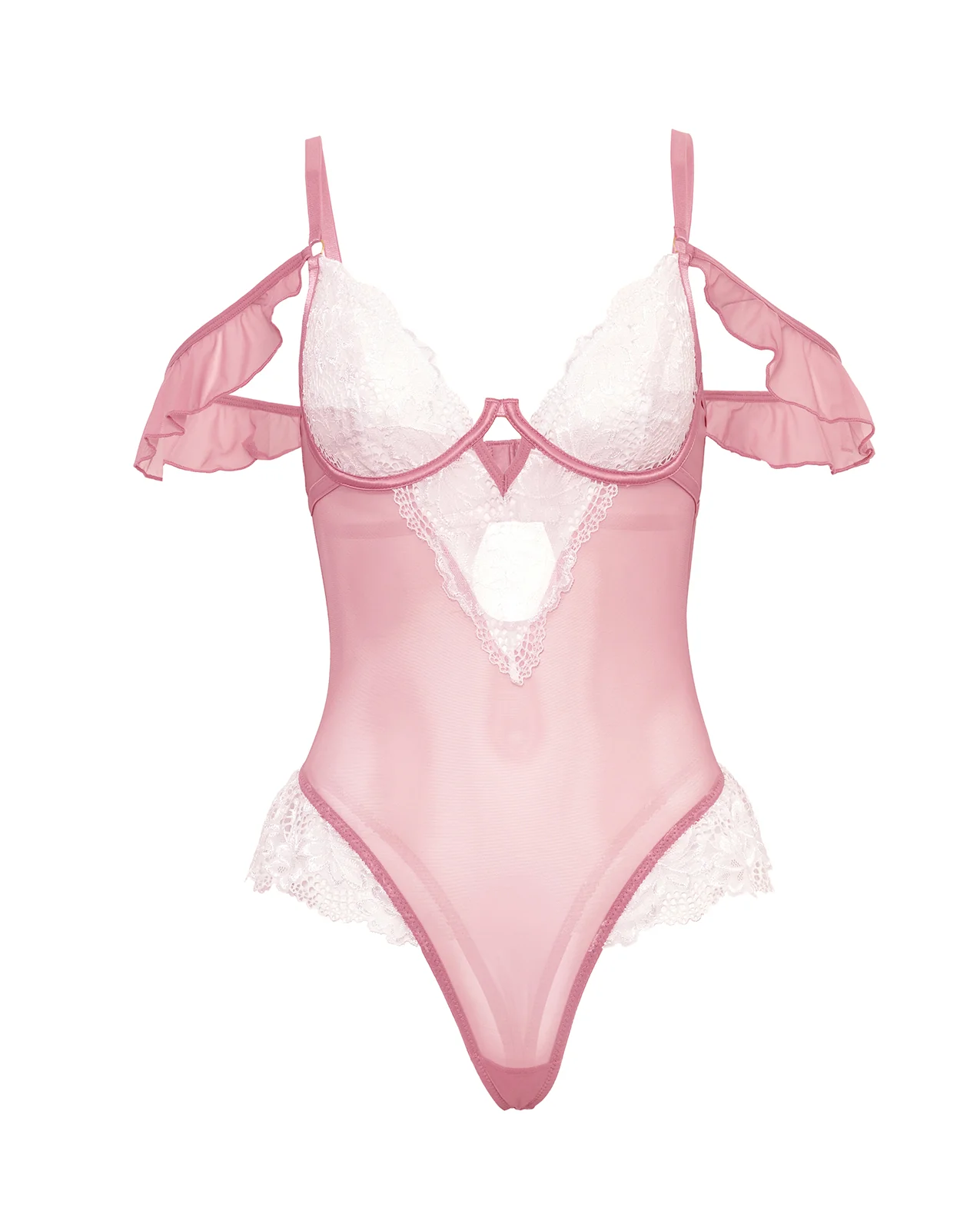Cassandra Lace & Mesh Teddy w/Ruffle Details - Pink & White LG - Image 5