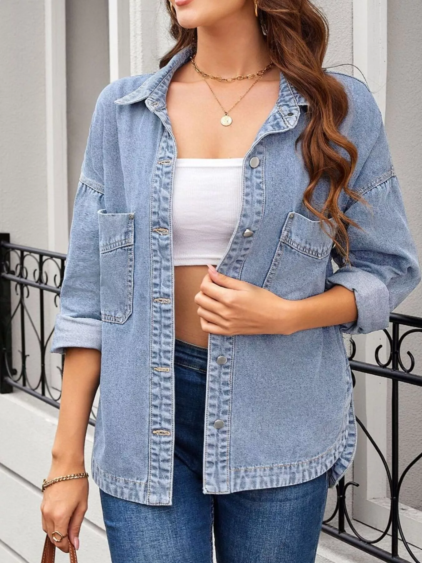 Casual Button Up Loose Fit Denim Jacket - Image 4
