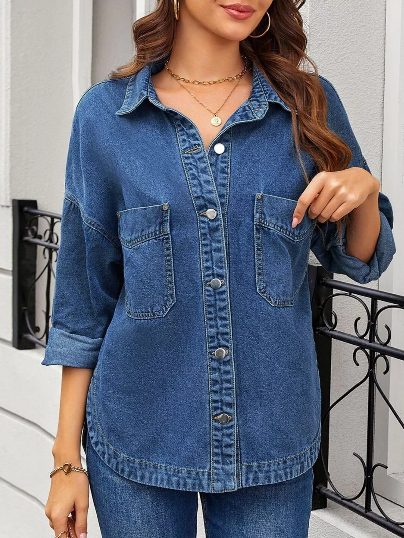 Casual Button Up Loose Fit Denim Jacket - Image 7