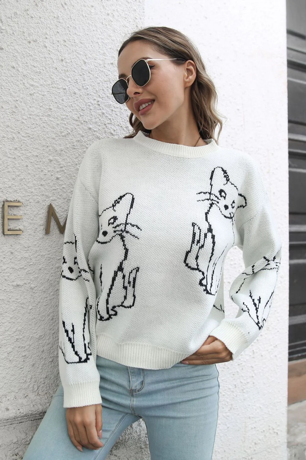 Cat Pattern Round Neck Long Sleeve Pullover Sweater - Image 12