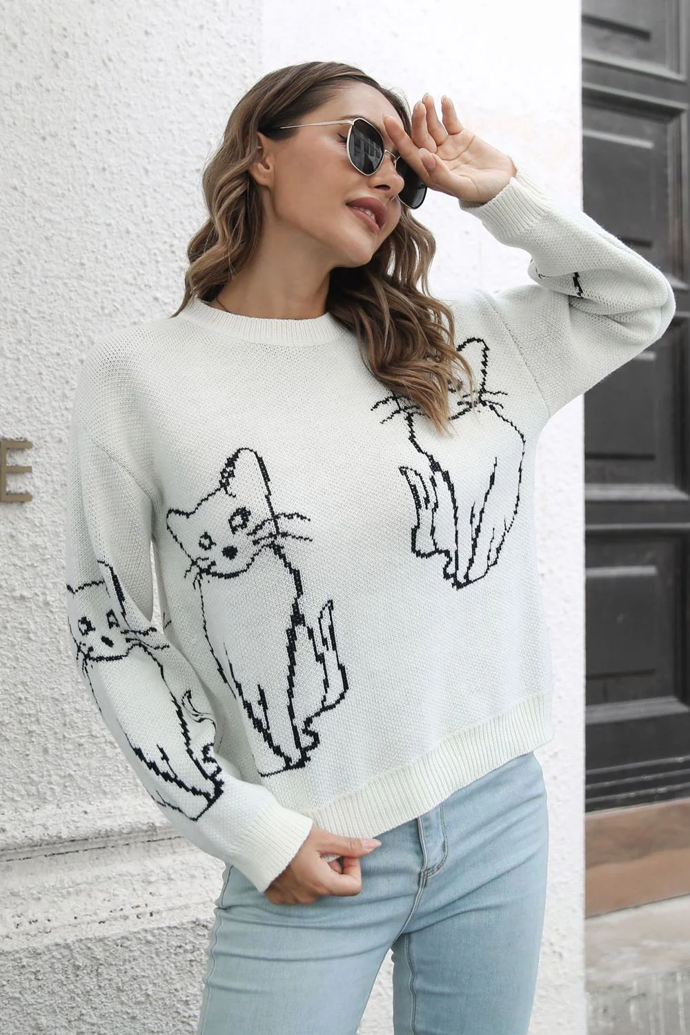 Cat Pattern Round Neck Long Sleeve Pullover Sweater - Image 13