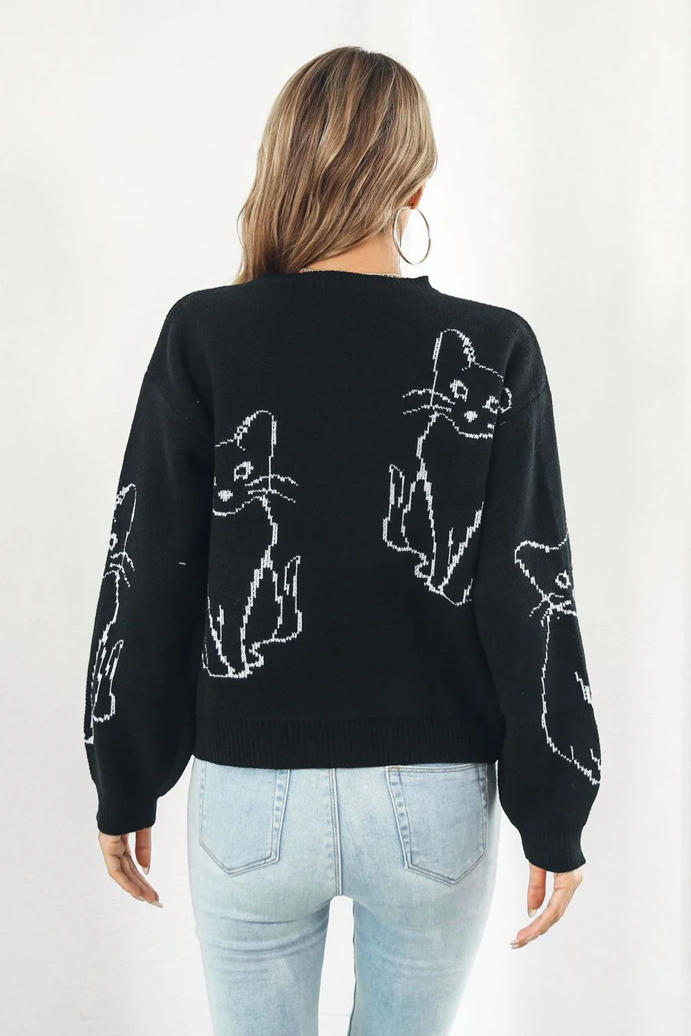 Cat Pattern Round Neck Long Sleeve Pullover Sweater - Image 2