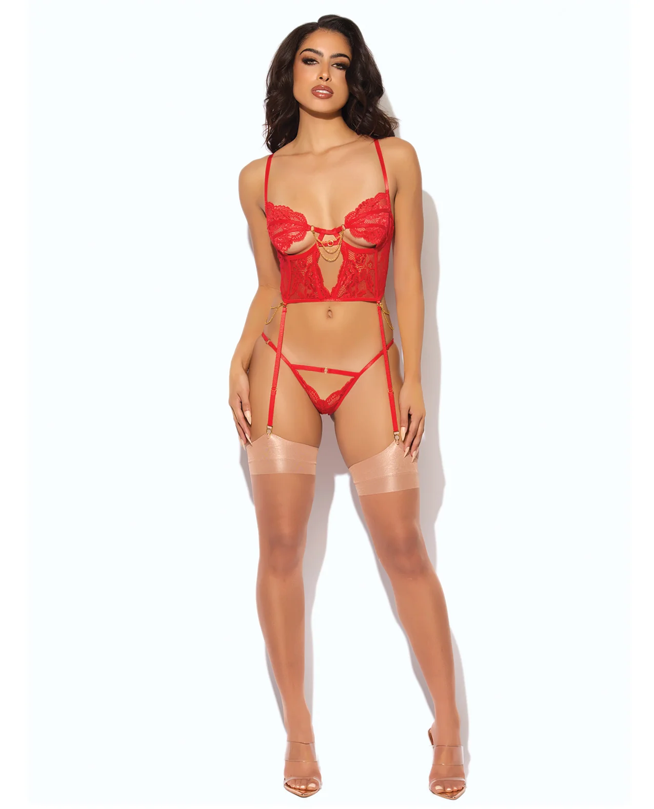 Cecily Lace & Mesh Bustier w/Thong & Garter Straps - Red MD - Image 3