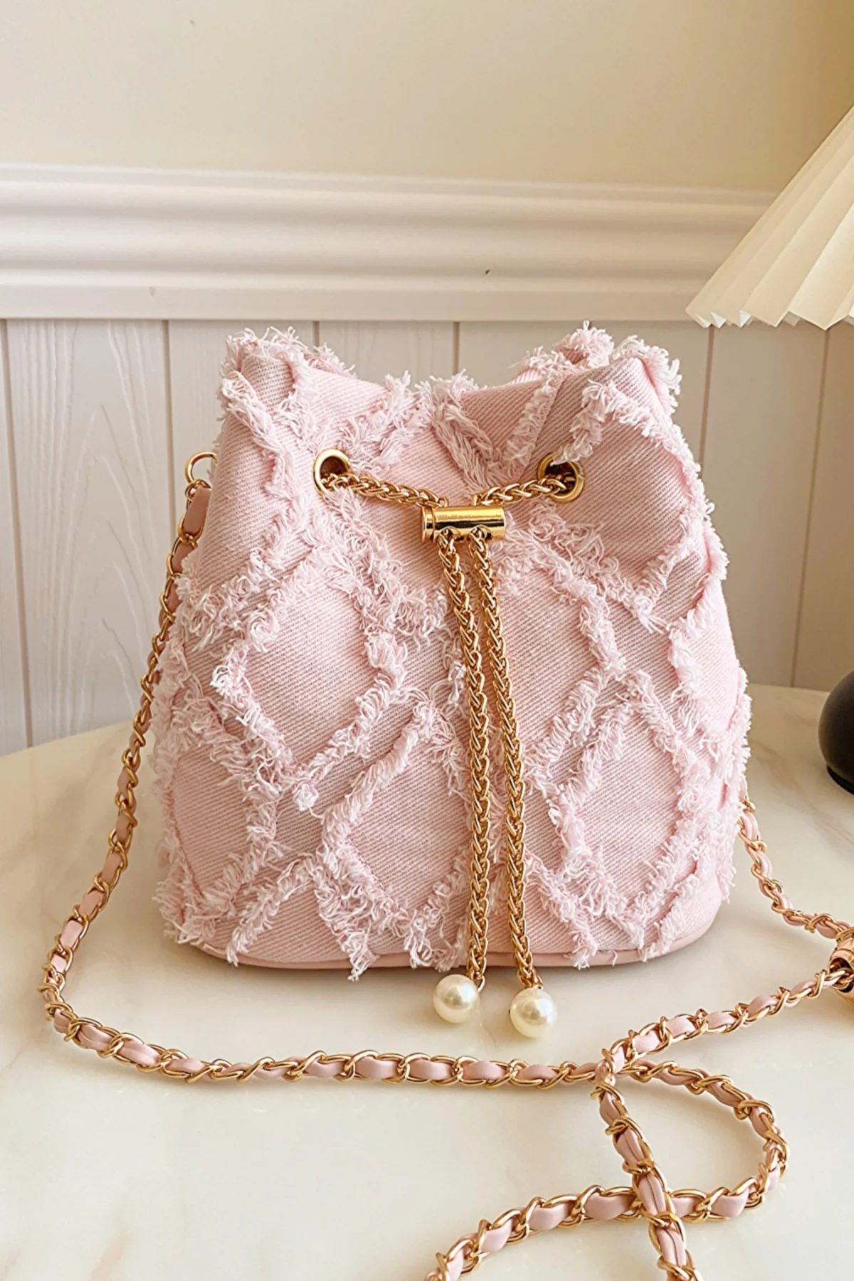 Chain Drawstring Raw Edge Denim Bucket Bag - Image 28