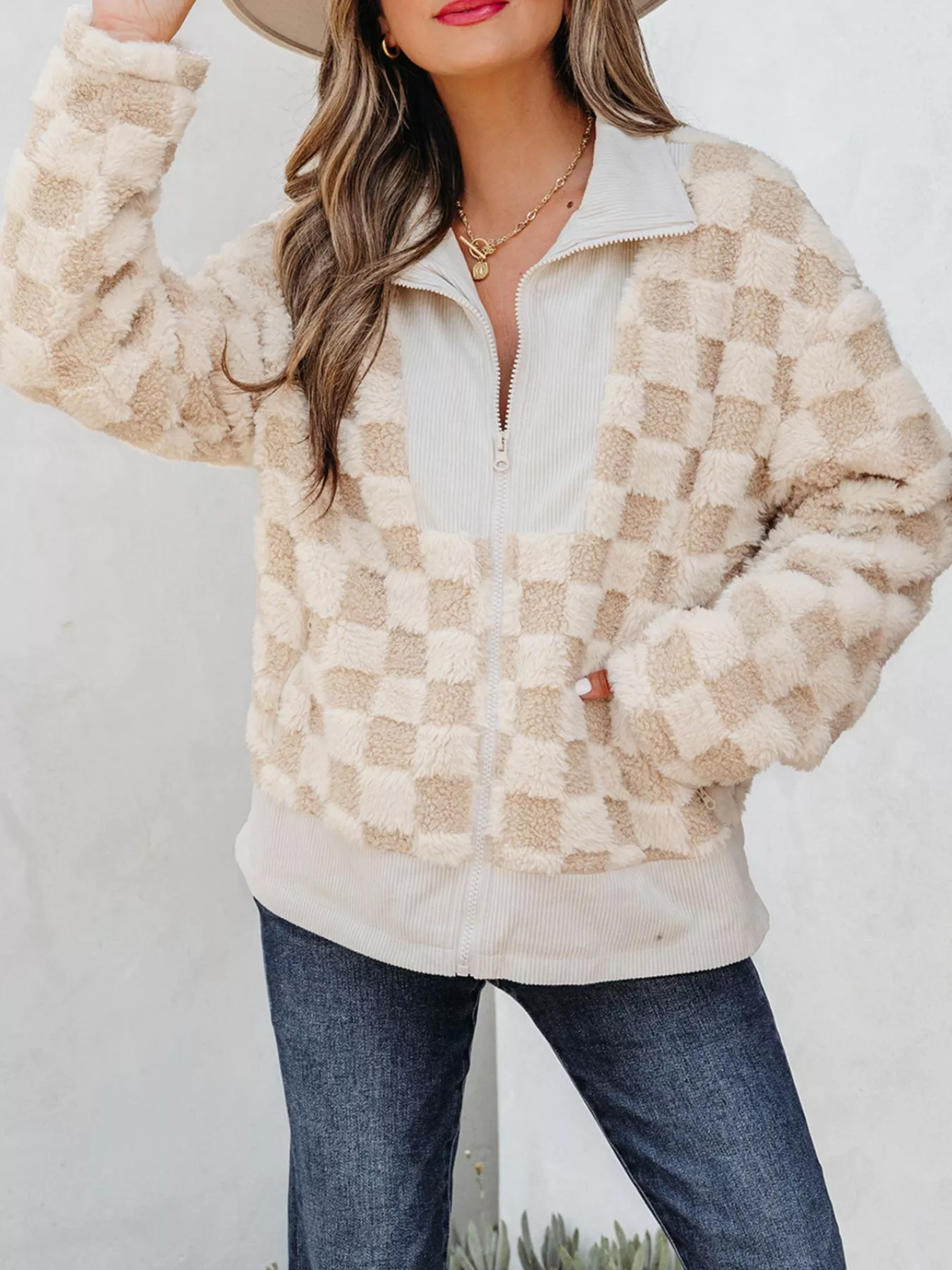 Checker Sherpa Corduroy Patchwork Zip Up Jacket - Image 6