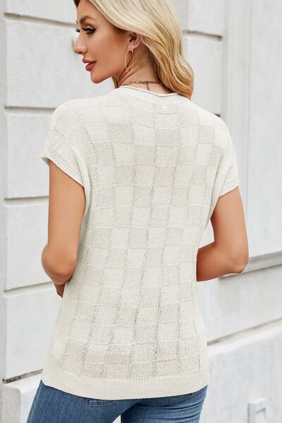 Checkered Round Neck Short Sleeve Knit Top - Image 17