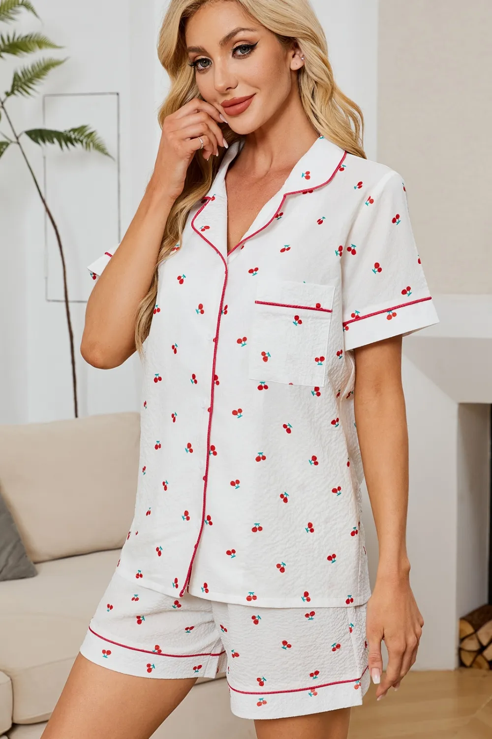 Cheery Print Collared Neck Top and Shorts Lounge Set - Image 5
