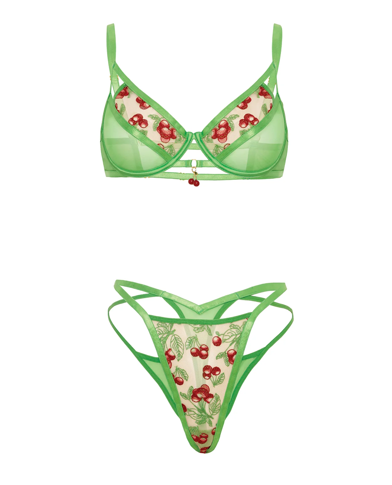Cheri Underwire Embroidered 2 pc Set w/Cherry Charm Details - Neon Green MD - Image 5