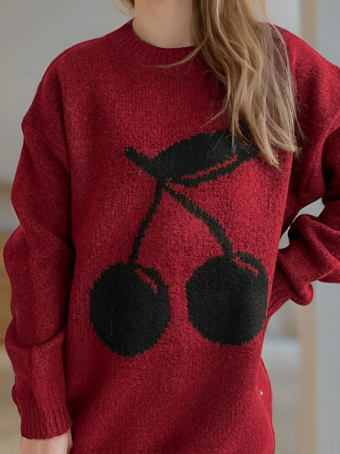 Cherry Round Neck Long Sleeve Sweater - Image 11