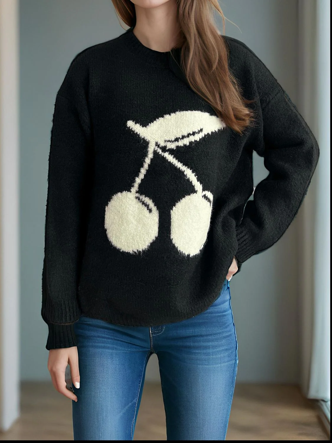 Cherry Round Neck Long Sleeve Sweater - Image 6