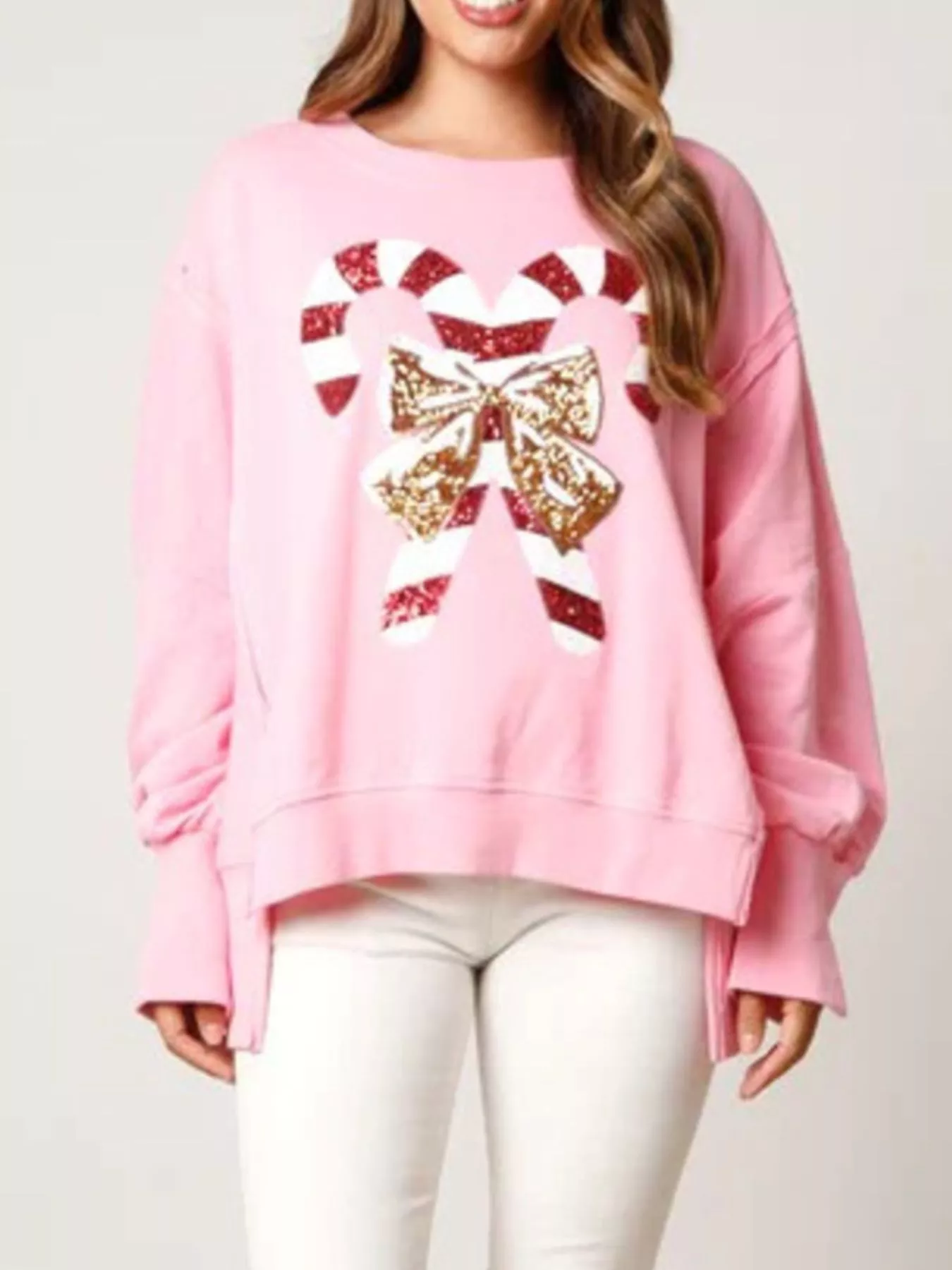 Christmas Candy Cane Bow Dropped Shoulder Sweatshirt - Image 5
