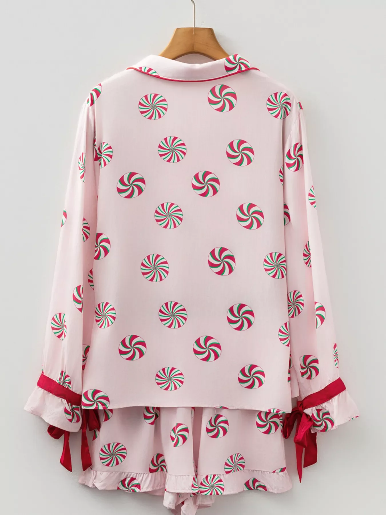 Christmas Candy Contrast Trim Bow Knot Top and Shorts 2pcs Pajama Set - Image 3