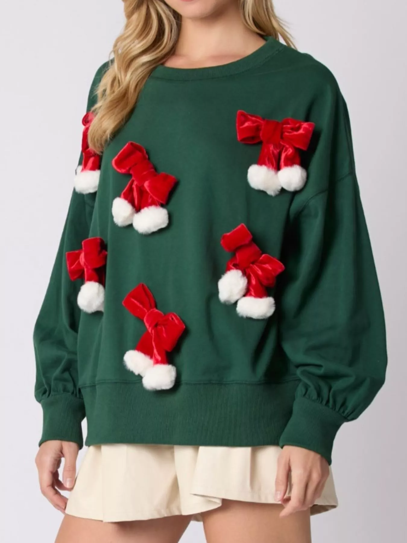 Christmas Long Sleeve Sweatshirt with Pom-Pom Bow Decoration - Image 9