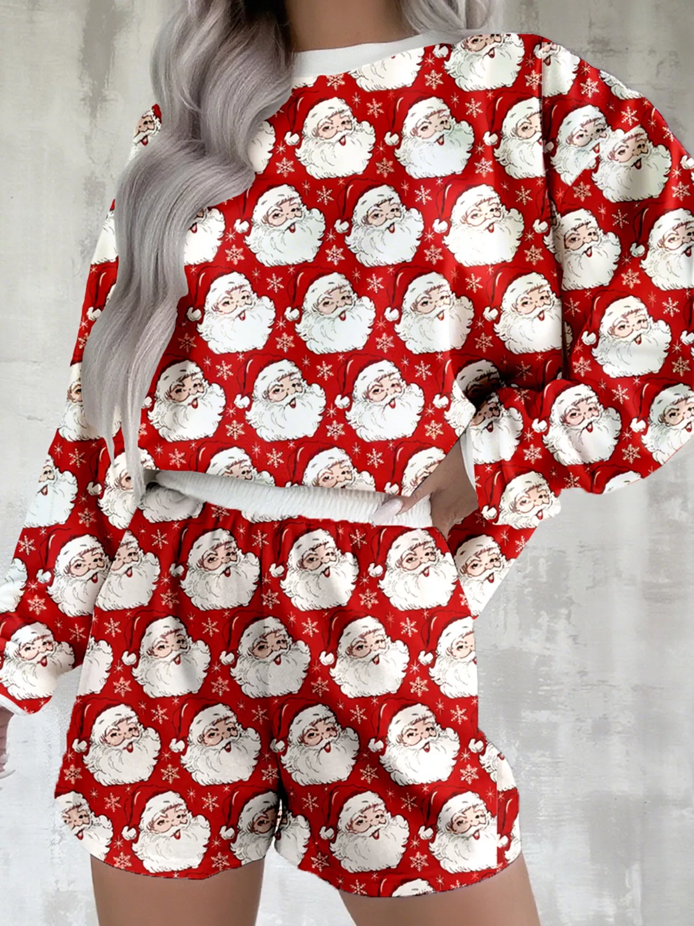 Christmas Santa Print Round Neck Top and Shorts Lounge Set - Image 5