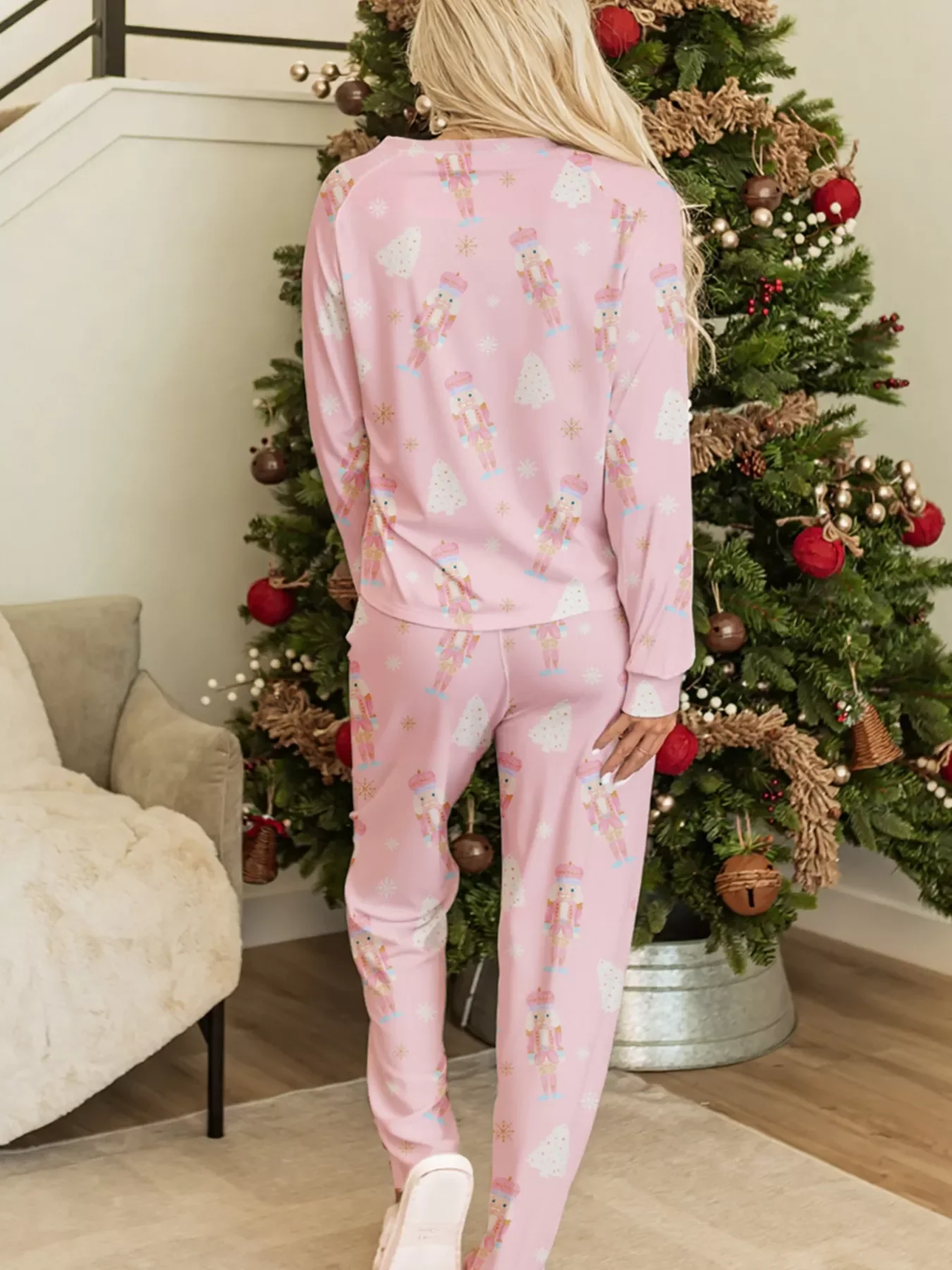 Christmas Tree Nutcracker Print Top and Pants 2pcs Lounge Set - Image 2