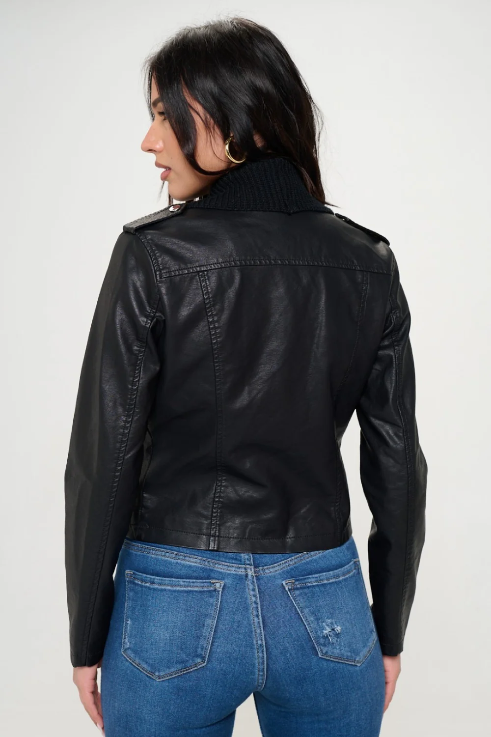 Coalition LA Knit Collared Faux Leather Crop Jacket - Image 2