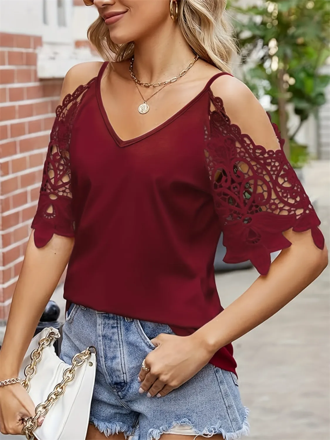 Cold Shoulder Lace Sleeve Blouse - Image 2