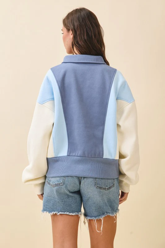 Collared Colorblock Henley Pullover Sweatshirt - Image 5