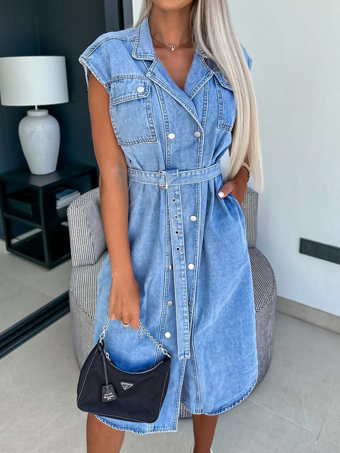 Collared Neck Cap Sleeve Denim Dress - Image 8