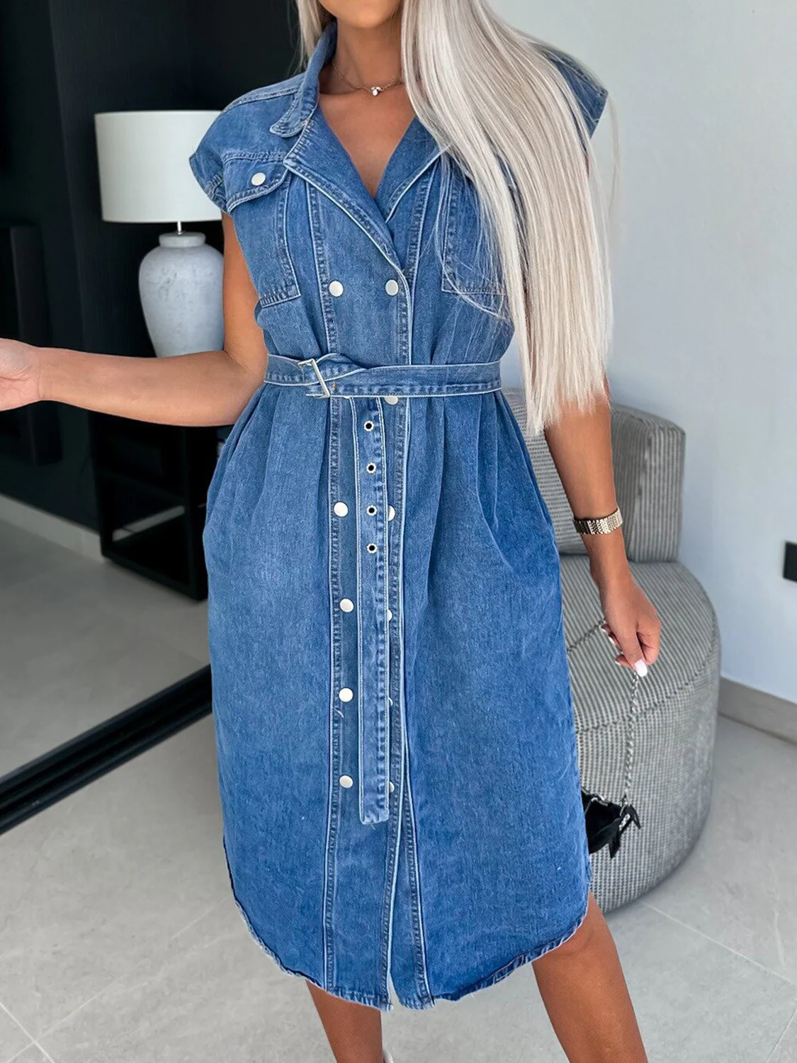 Collared Neck Cap Sleeve Denim Dress - Image 9