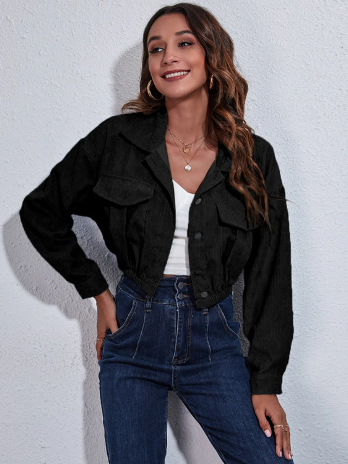 Collared Neck Dropped Shoulder Buttoned Jacket - Image 4