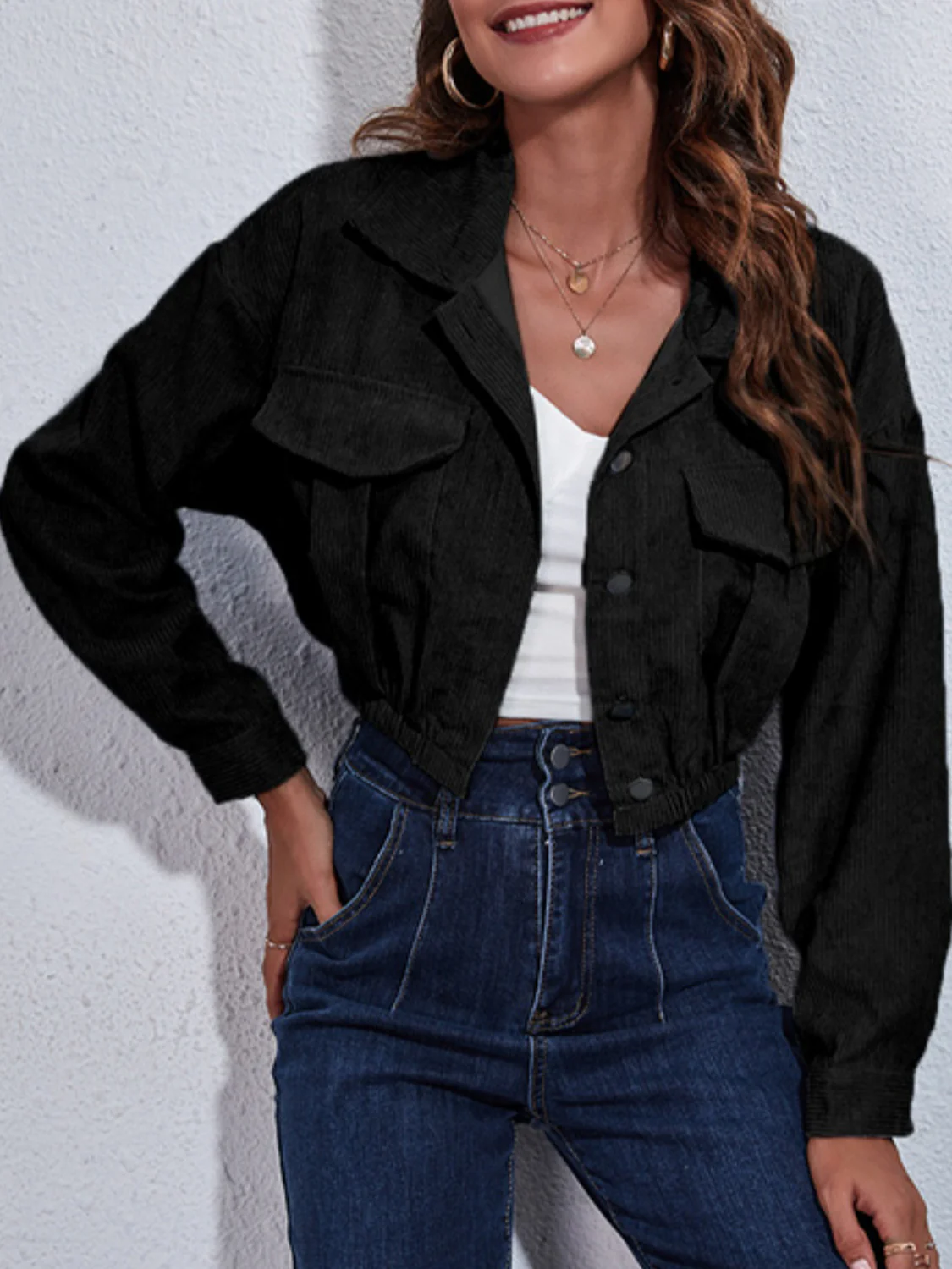 Collared Neck Dropped Shoulder Buttoned Jacket - Image 5