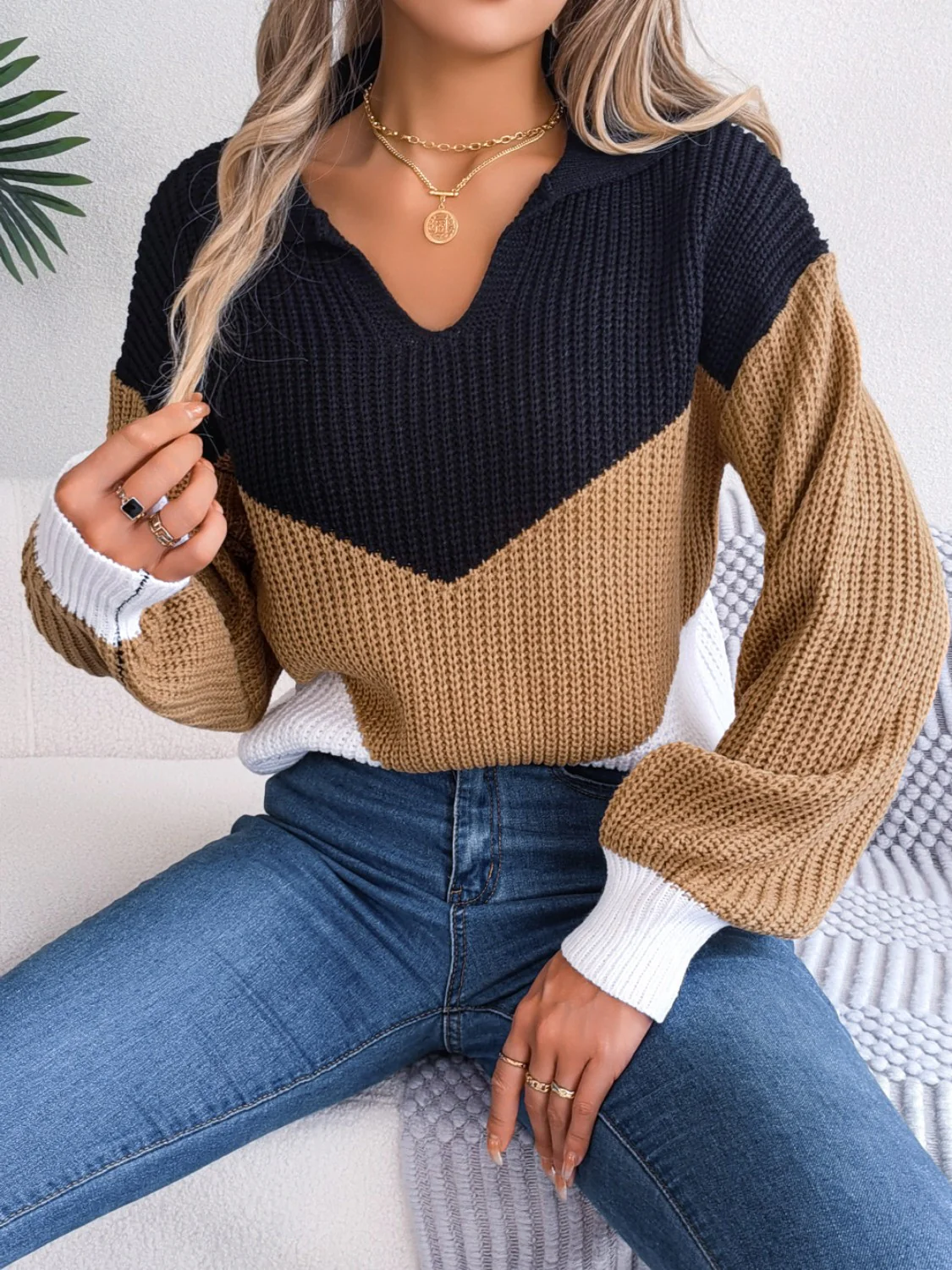 Color Block Dropped Shoulder Sweater - Image 2