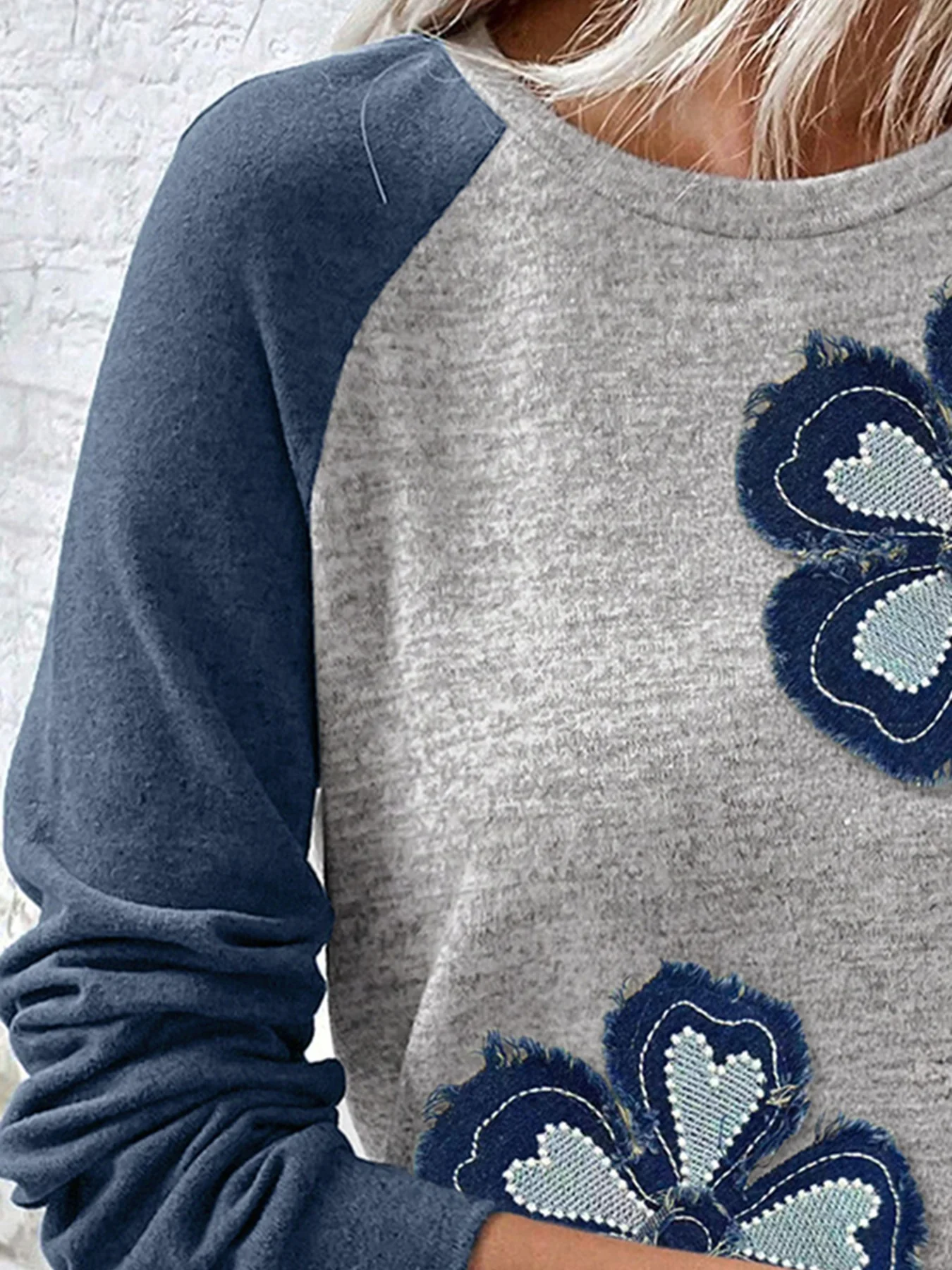 Color Block Flower Embroidered Patch Graphic Raglan Long Sleeve Top - Image 2