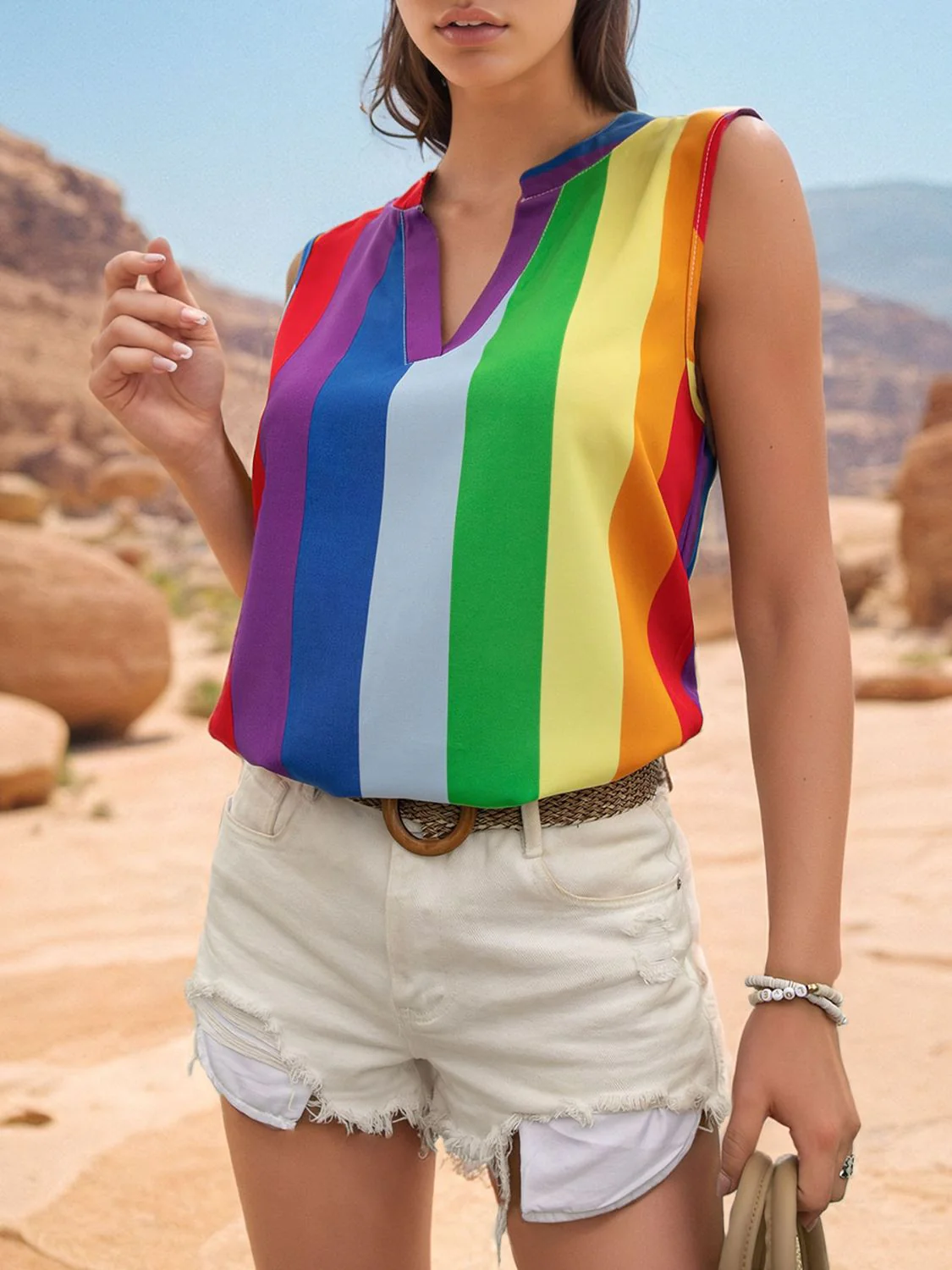 Color Block Notched Sleeveless Top - Image 3