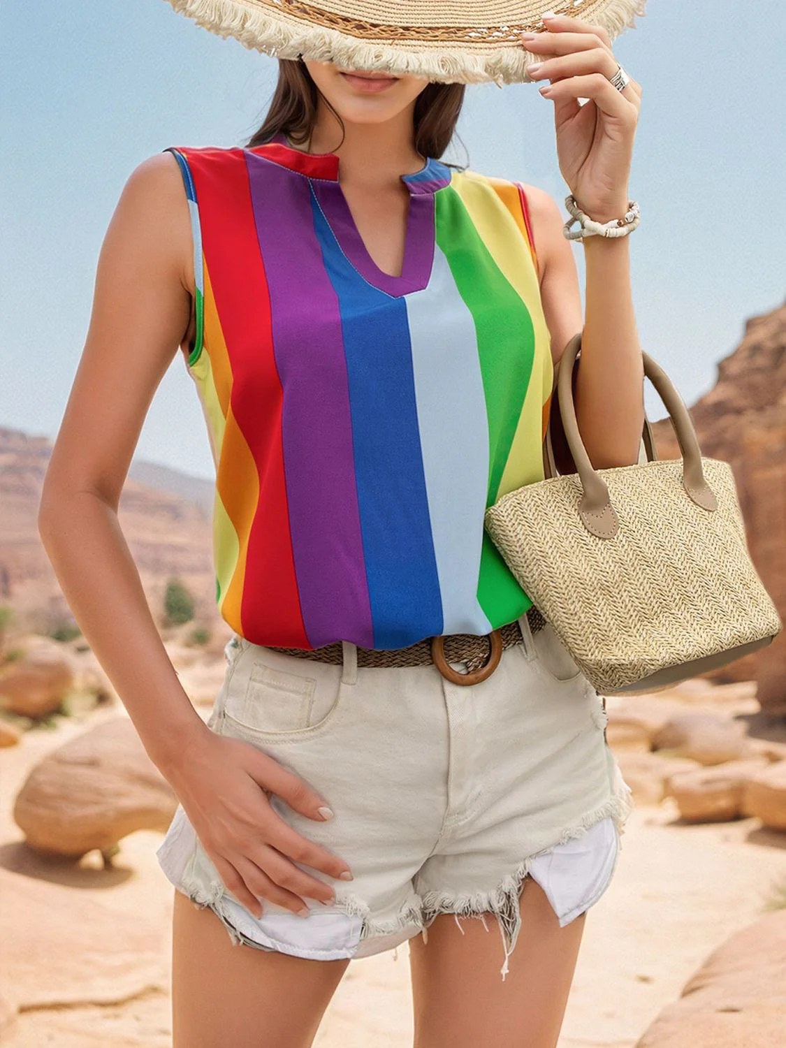 Color Block Notched Sleeveless Top - Image 4