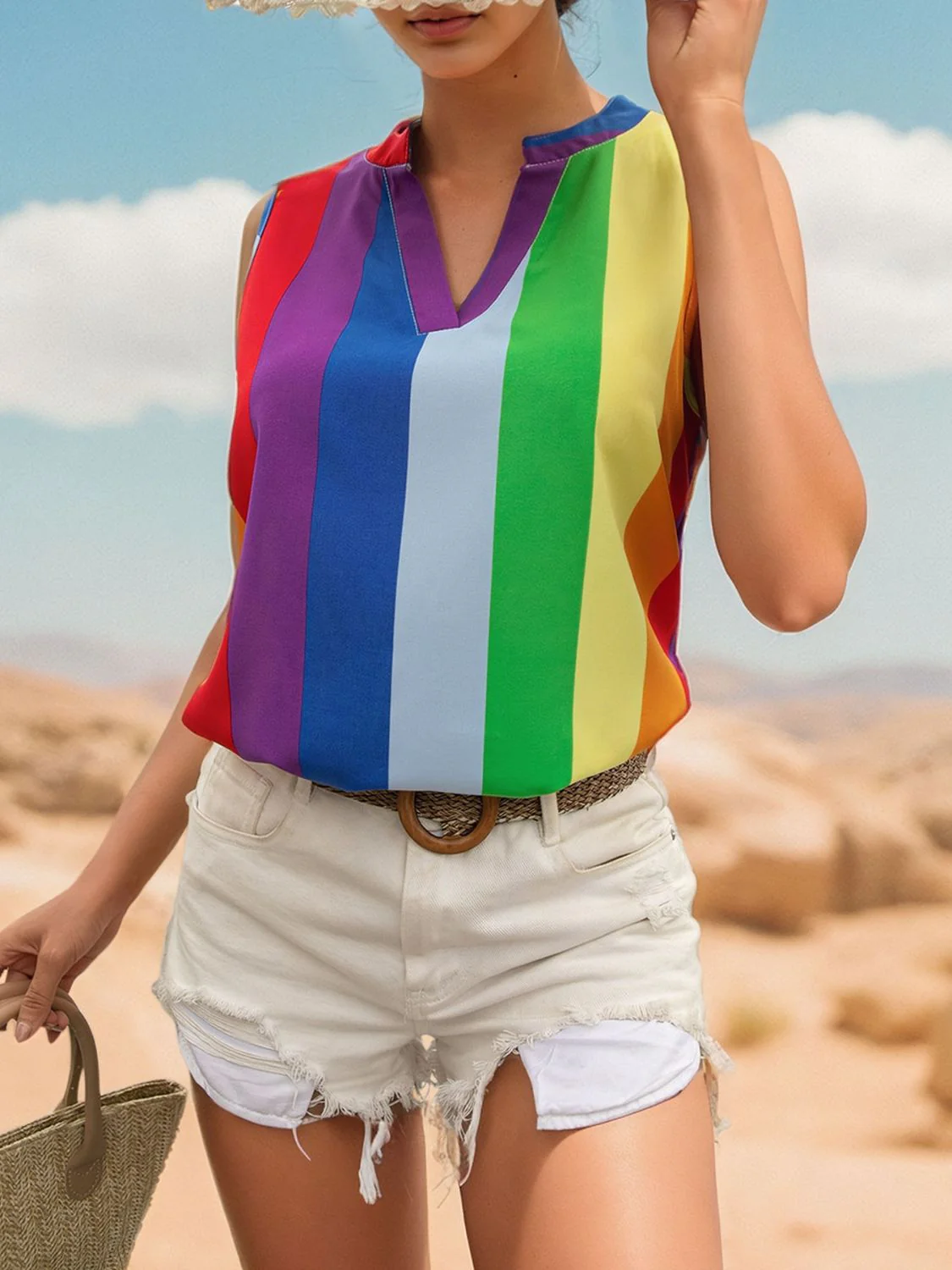 Color Block Notched Sleeveless Top - Image 5